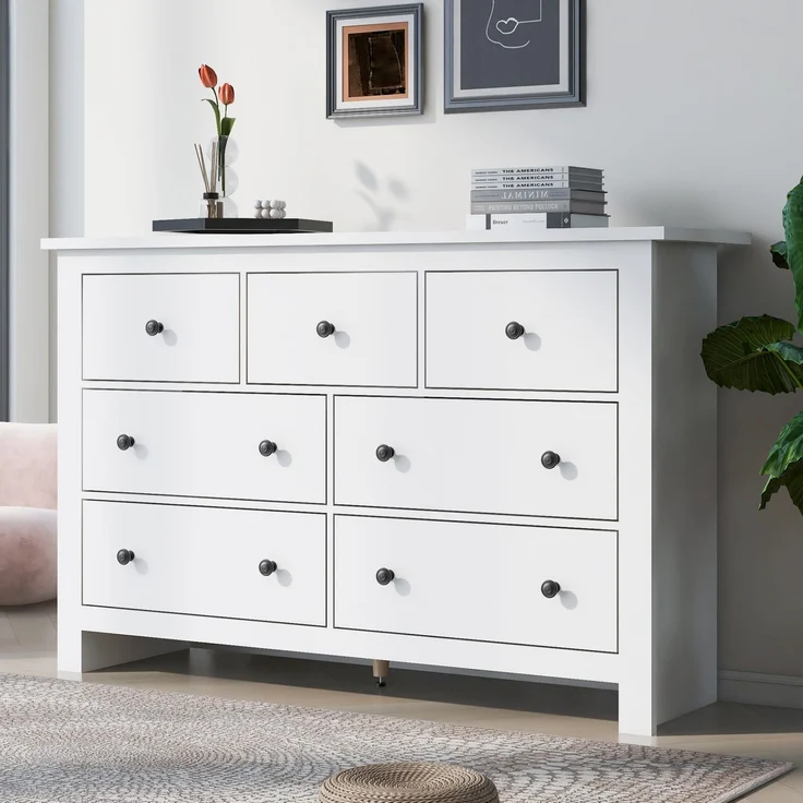 DESVIAE Sideboard mit 7 Schubladen, 152x88,5x40 cm, aus Spanplatte, Weiß – Bild 3