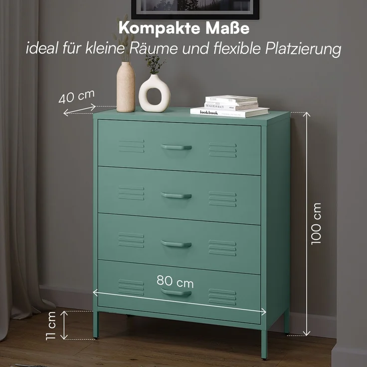 skølm 'Atria' Metallkommode, dunkelgrün, 100x40x80 cm, Metallschrank mit 4 Schubladen – Bild 6