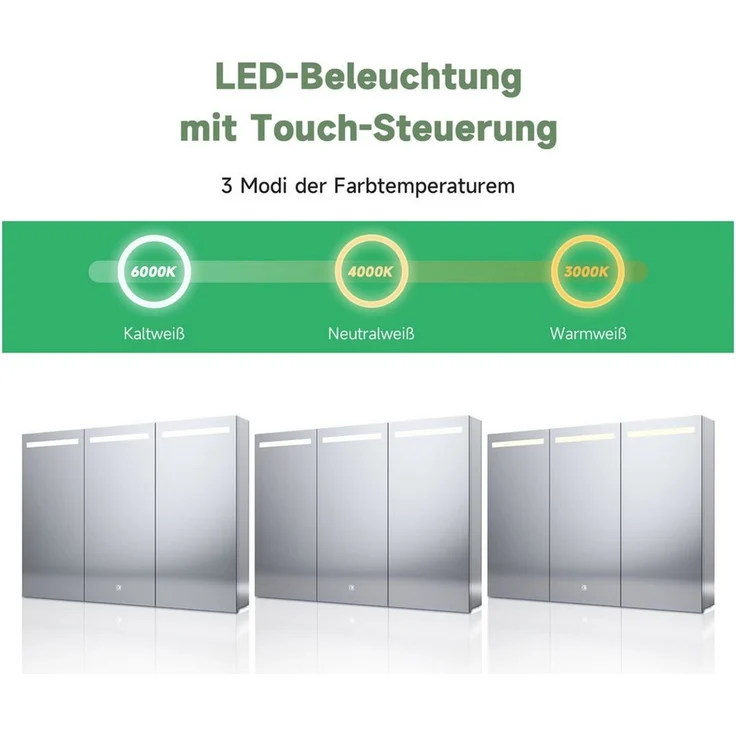 SONNI Badezimmerspiegelschrank Edelstahl Spiegelschrank bad mit beleuchtung 90x65x13cm mit Steckdose und Touchschalter Kalt/Warm/Neutral Licht, dimmbar – Bild 3