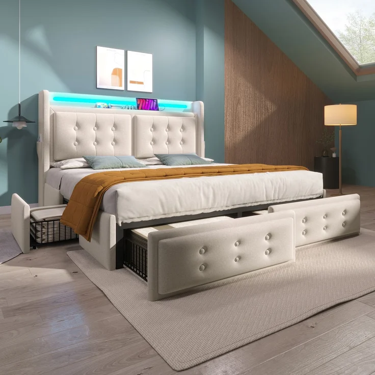 Polsterbett 180x200 cm mit LED & Ladefunktion, 4 Schubladen, Baumwoll-Leinen-Bezug, Beige – Bild 4