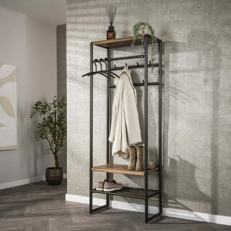 Garderobenmöbel Onul 70 cm Metall Bronze mit Ablagen in Eichenoptik