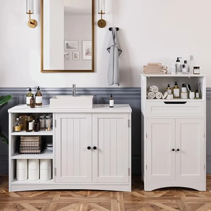 Bealife Waschbeckenunterschrank, Badezimmerschrank 90 x 30 x 60 cm, mit 2 Türen, 5 Fächern und höhenverstellbarem Einlegeboden in 3 Stufen, Magnetverschluss, viel Stauraum, wasserabweisend (Weiß) – Bild 10