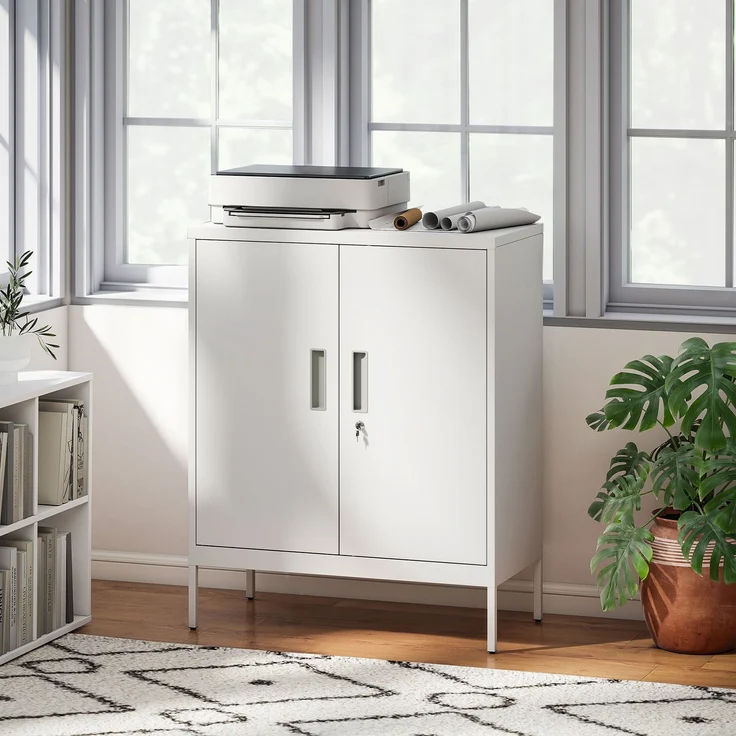 Verschließbarer Stahlschrank mit 2 Türen, Büroschrank, verstellbare Regale, für Homeoffice, Wohnzimmer, Garage, Weiß--Weiß--100x40x80cm--YOUDENOVA – Bild 3