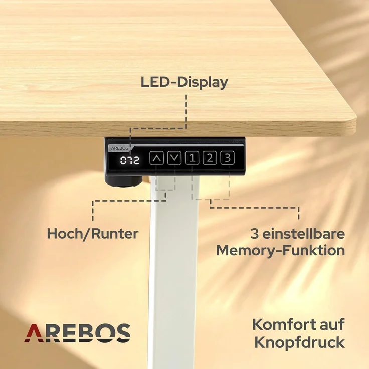 Arebos Schreibtisch Computer-Bürotisch 160 x 80 cm, elektrisch Memory-Funktion, 72-118 cm höhenverstellbar, Hebekapazität: 70 kg – Bild 5