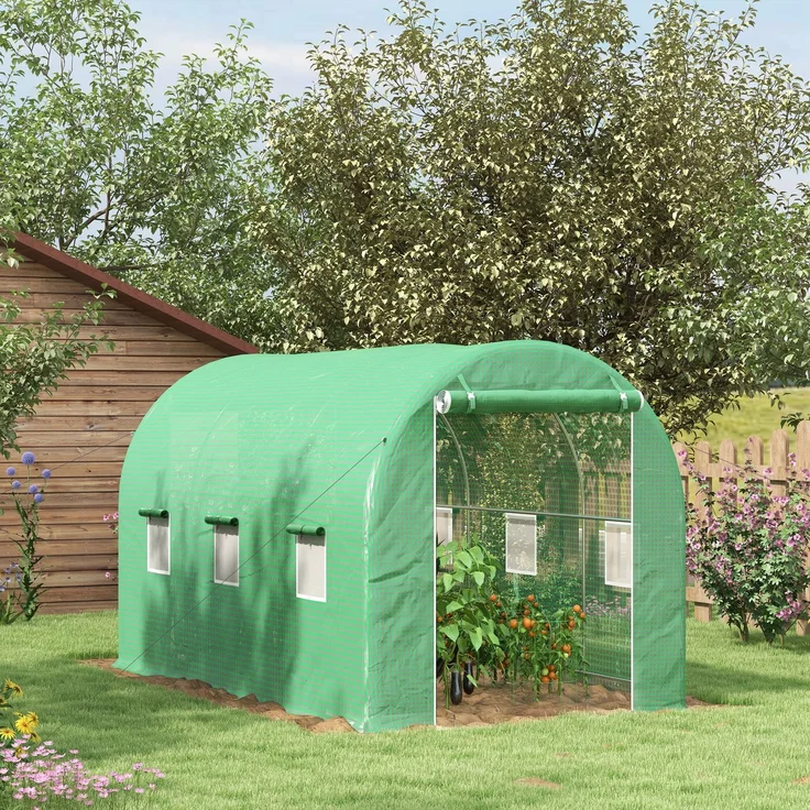 Wohnora-Tunnelgewächshaus, 8 m² Grundfläche, 4 m L x 2 m B x 2,05 m H, Rohrrahmen, Tür mit Reißverschluss, 6 aufrollbare Fenster, Grün,H 2050cm x T 1480cm x B 2000cm – Bild 1