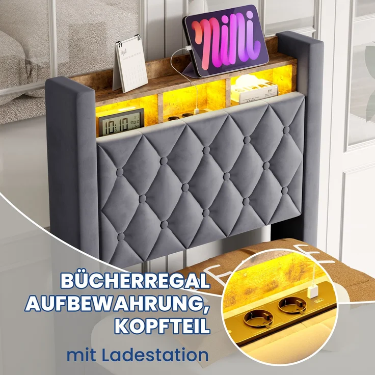 Multifunktionales Polsterbett aus Samt mit LED, USB & Stauraum, ohne Matratze, 90x190 cm, Grau – Bild 4