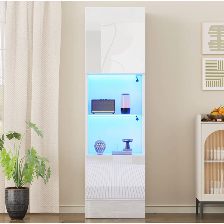 DESVIAE Vitrine mit LED-Beleuchtung und Glasboden, 45x160x35 cm, Spanplatte, Weiß Hochglanz – Bild 1