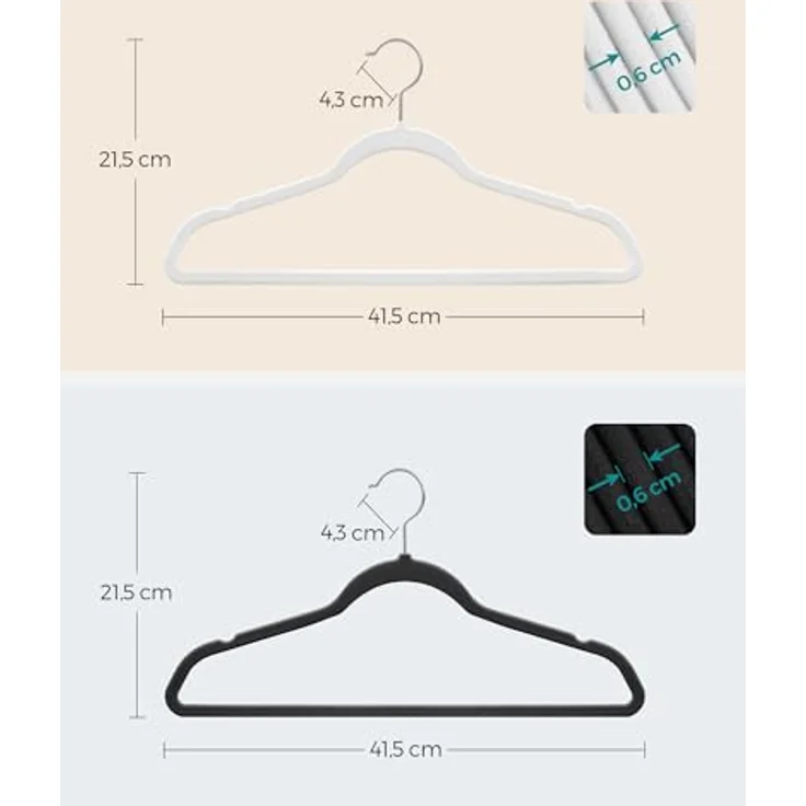 SONGMICS Kleiderbügel Samt, 100er Set, Bügel, Jackenbügel, 41,5 cm breit, Anzugbügel, dünn, gut belastbar, um 360° drehbarer Haken, für Mäntel, Hemden und Anzüge, Schwarz/Weiß CRF026B100 – Bild 5