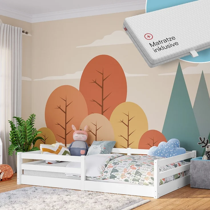 Bellabino 'Iskri' Bodenbett 140x200 cm mit Matratze, weiß, Massivholz Kiefer, Montessori Kinderbett mit Rausfallschutz und Lattenrost – Bild 1