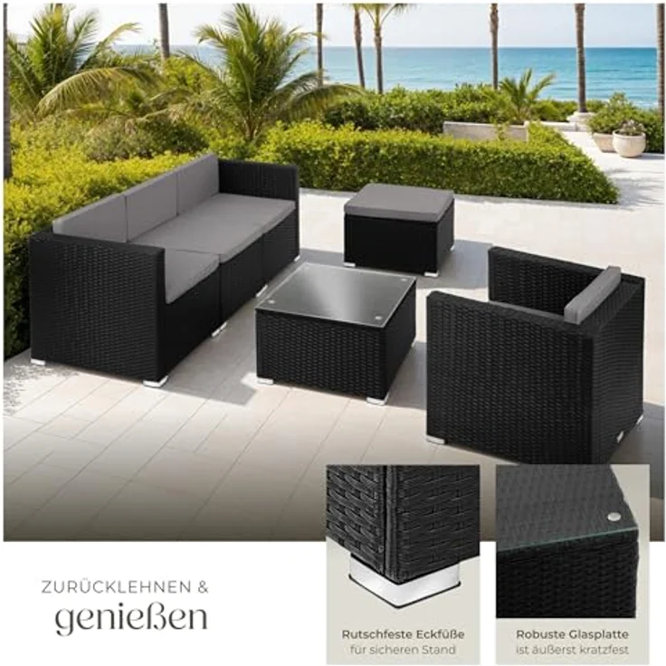 tectake® Poly Rattan Lounge, Outdoor Gartenmöbel Set mit Sofa, Sessel, Hocker und Tisch, variabel kombinierbar, Möbel wetterfest für 4-5 Personen, Balkonmöbel, Gartenlounge, Terrassenmöbel - schwarz – Bild 5