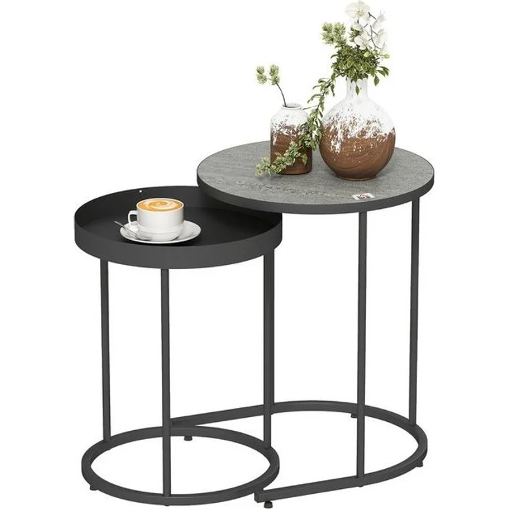 HOMCOM Beistelltisch mit Tablett-Design, Metallgestell (2er Set Wohnzimmertisch, 2-St, Runder Couchtisch), für Wohnzimmer Grau – Bild 4