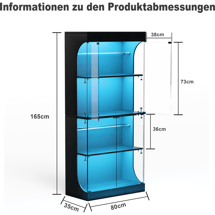 Glasvitrine 80 x 35 x 165 cm mit LED-Beleuchtung, Glastüren und Ladestation – Bild 5