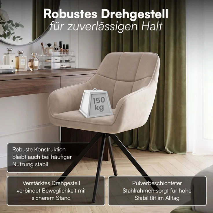 skølm 'Sköll' Esszimmerstühle, 2er Set, macchiato, gepolstert mit Samt-Bezug, höhenverstellbar & drehbar, Polsterstühle mit Armlehnen, bis 150 kg belastbar – Bild 3