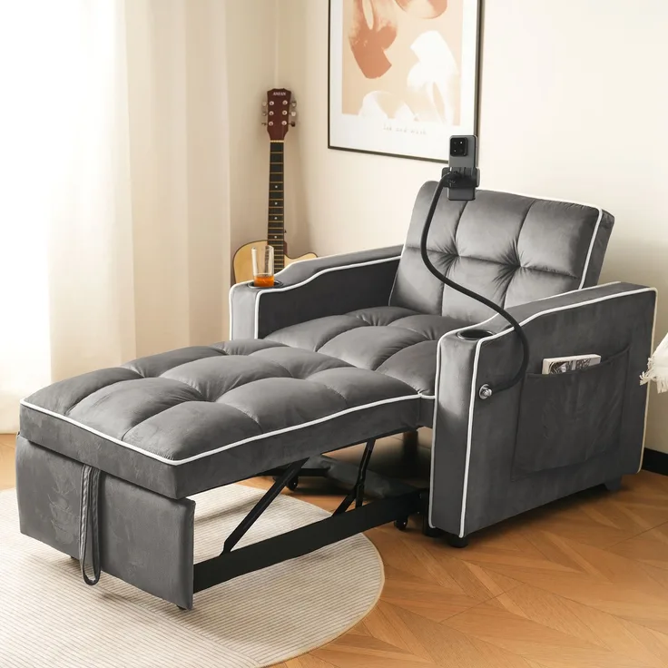 Schlafsofa mit Getränkehalter und Handyhalterung,Verstellbarer Sessel, Sofa-Liegestuhl und Gästebett in einem, Samtbezug Dunkelgrau