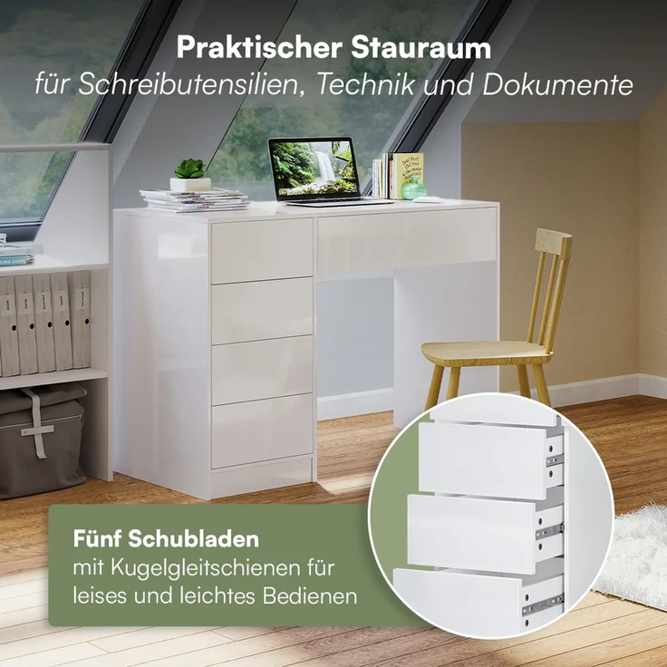 Bellamio 'Livny' Schreibtisch mit 5 Schubladen, beidseitig montierbar, weiß Hochglanz, 80x53x110 cm, Computertisch mit Stauraum, Bürotisch mit Push-to-open, geeignet als Schminktisch – Bild 3