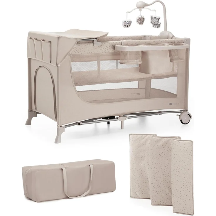 Kinderkraft Joy 2 Acc Kinderbett, 3 in 1 Kinderreisebett, Babybetten, Kinderbett, Reisebett, Modernes Design, Kleine Abmessungen nach Zusammenklappe, Praktisches Zubehör, Räder, Beige – Bild 1