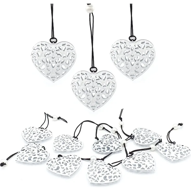 LB H&F Lilienburg Hängedekoration 12er SET Herz Herzen weiß Metall Ornament Shabby Metallanhänger (Liebe Muttertag Hochzeit Geburtstag Geschenkanhänger Metallherzen Herzhänger Herzanhänger Dekohänger Dekoherzen basteln hängen Hängedekoration Frühling F...