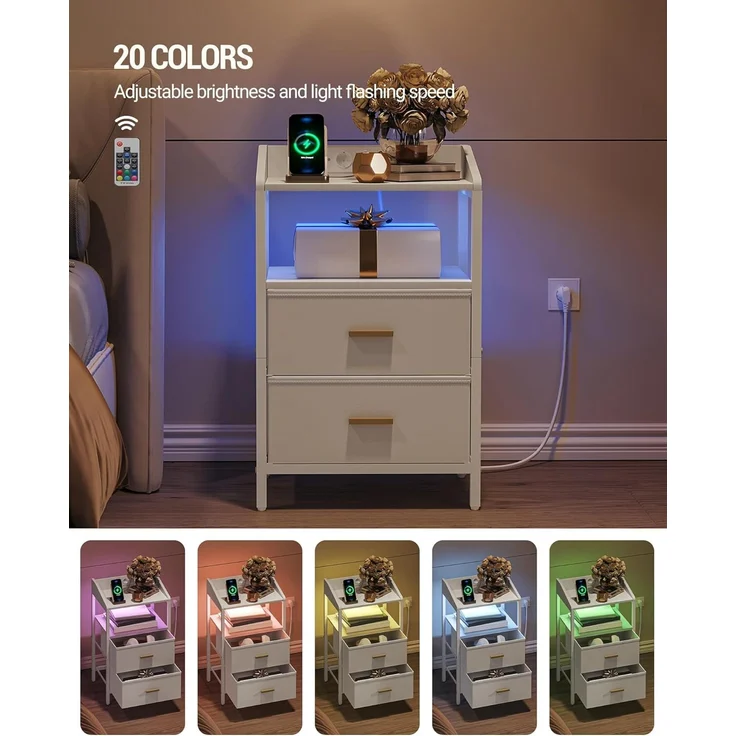 Nachttisch 2er Set, mit LED-Leuchten und Ladestation, Beistelltisch mit 2 Stoff-Schubladen und Regalen, mit USB-Anschlüssen & Steckdosen, für Schlafzimmer, Wohnzimmer, Weiß – Bild 4