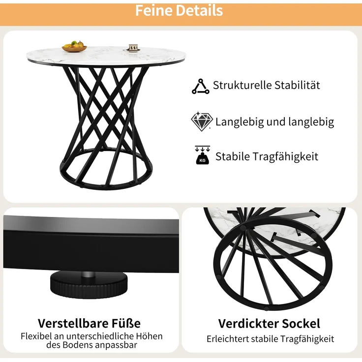 5-teilig mit rundem Esstisch Ø80 cm & 4 Samtstühlen – Modernes Esszimmer-Set mit Marmormuster Tischplatte & Metallgestell – Bild 5