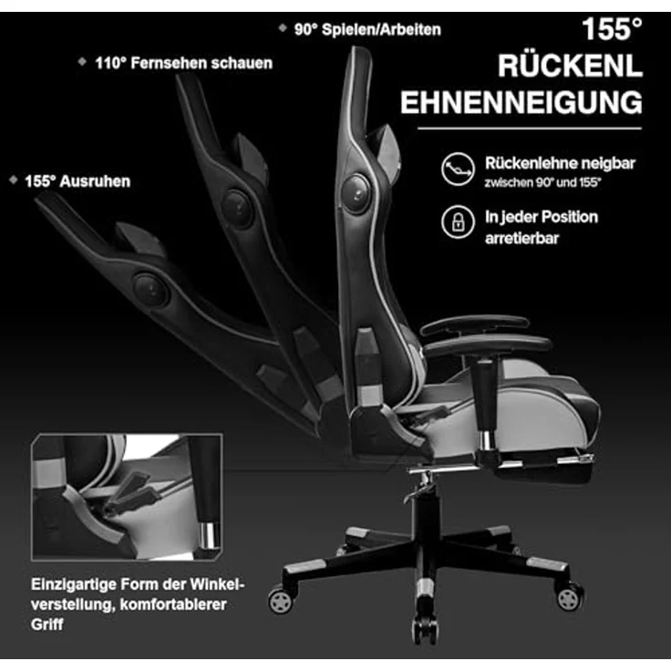 GTPLAYER Gaming Stuhl mit Fußstützen Lautsprecher Bluetooth Musik Bürostuhl Computerstuhl Schreibtischstuhl Stuhl Ergonomischer Schwarz-Grau – Bild 7