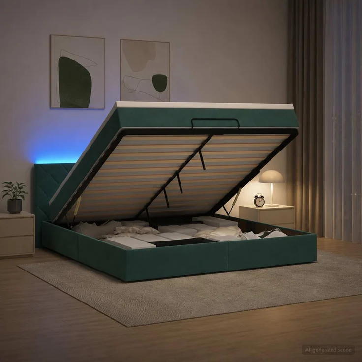 vidaXL Ottoman-Bett mit Matratze und LED Dunkelgrün 140 x 200 cm Samt 3457218 – Bild 1