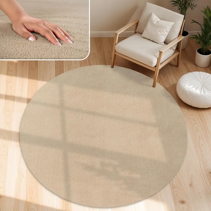 Paco Home Waschbarer Teppich Wohnzimmer Schlafzimmer Kurzflor rutschfest Flauschig Weich Moderne Einfarbige Muster, Grösse:120 cm Rund, Farbe:Beige 2
