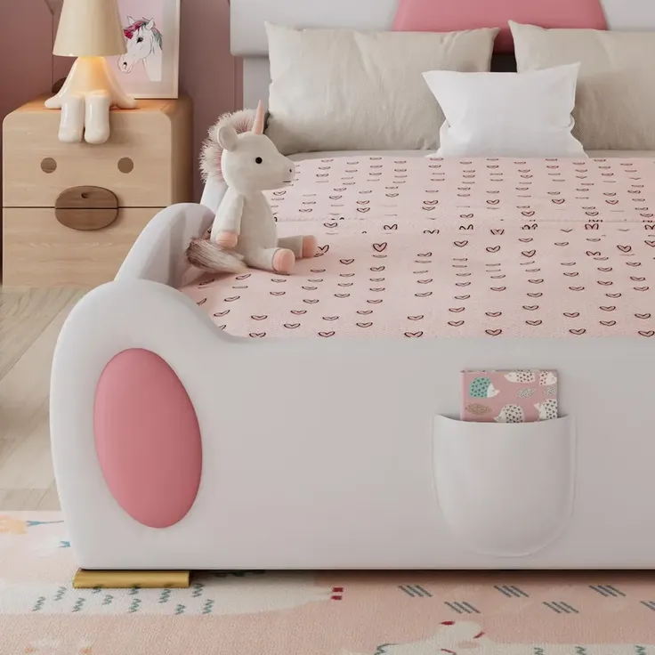 Kinderbett mit Rutsche, Treppe, gepolstertem Kopfteil und Rausfallschutz, 90x200cm, Einzelbett Polsterbett, Kunstleder – Bild 3