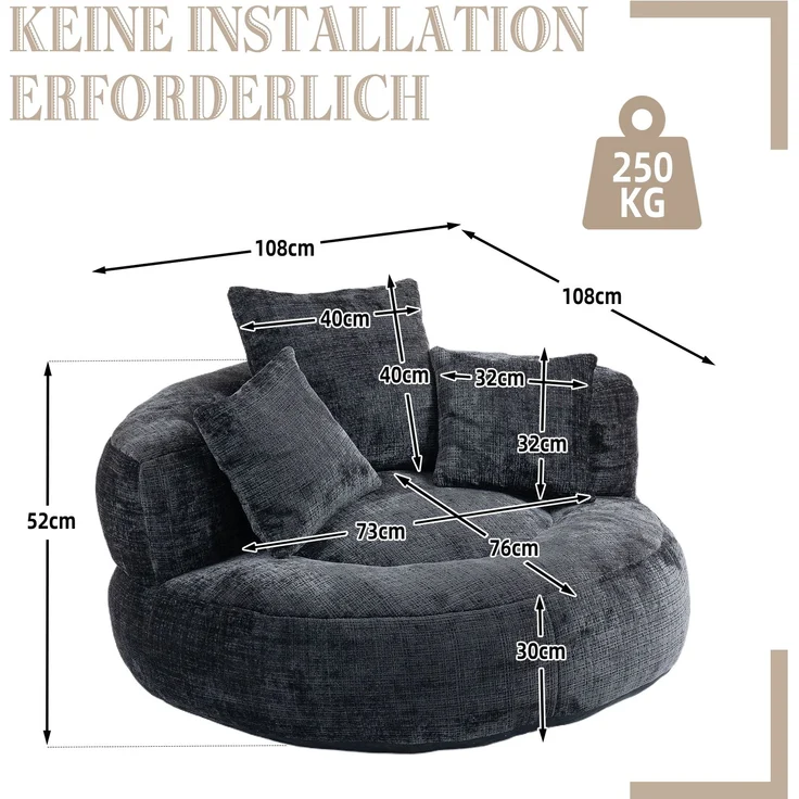Lazy Sofa Durable Komfort Lounger hohen Rücken Sitzsack Stuhl Couch mit drei Kissen für Erwachsene und Kinder, Indoor & Outdoor, Single Gaming Sofa Stuhl für Schlafzimmer, Büro (Black Chenille)--Schwarz--108x108x52cm--YOUDENOVA – Bild 7