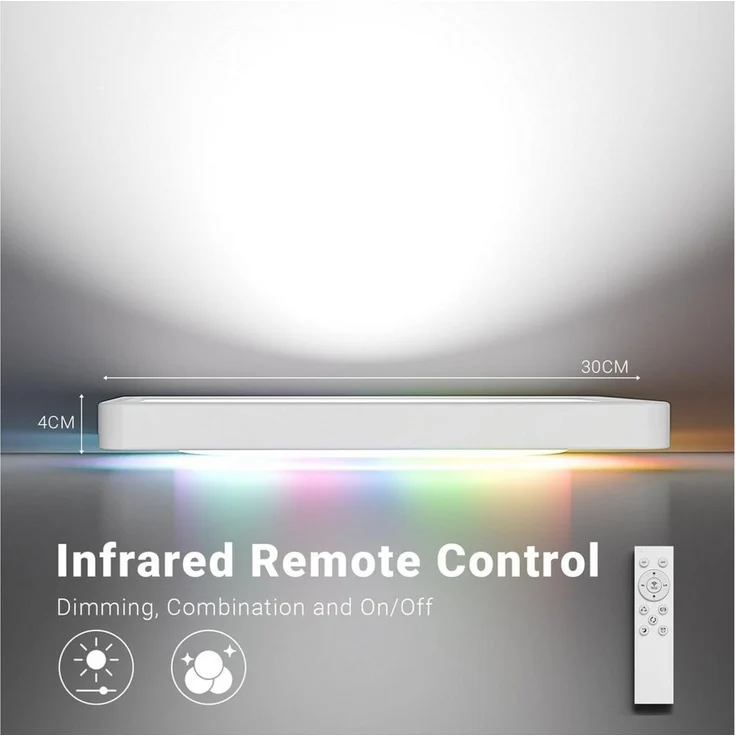 LQWELL Deckenleuchte LED Deckenlampe Dimmbar mit Fernbedienung, Flache Deckenbeleuchtung, QUAD, LED fest integriert, 24W 2500LM, 3000-6500K RGB Weiß, für Wohnzimmer Schlafzimmer Esszimmer Balkon Korridor, 300 * 40mm – Bild 3