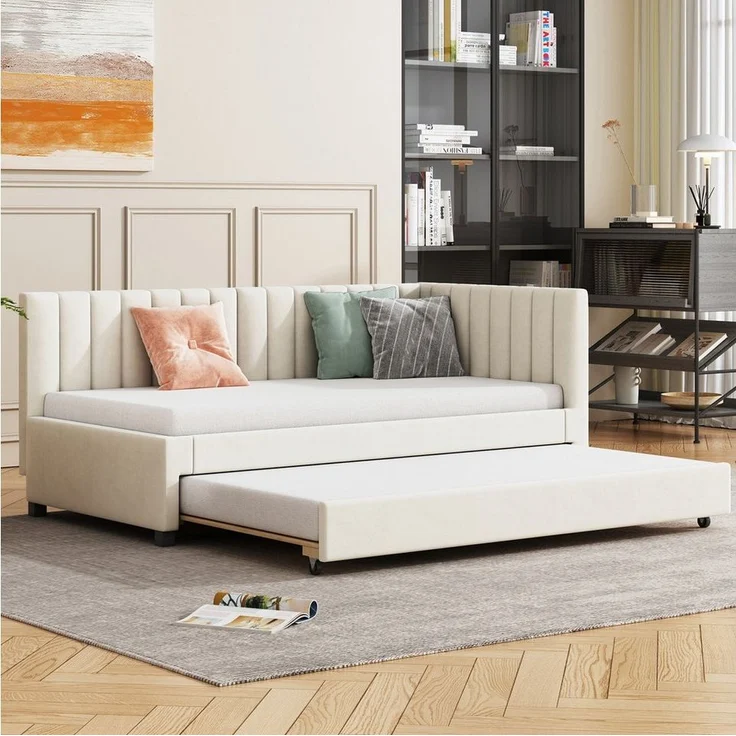 Odikalo Ausziehbett Schlafsofa Polsterbett Jugendbett Lattenrost 90/140x200 cm Grau/Beige – Bild 1