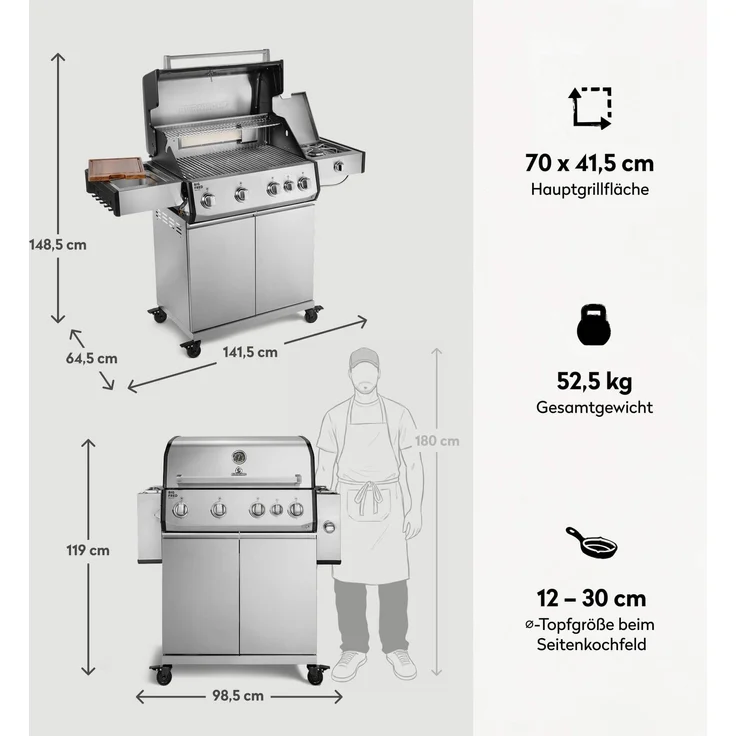 BURNHARD® Gasgrill 4-Brenner, 21,2 kW Gesamtleistung, Infrarot-Keramikbrenner, Seitenkochfeld, Edelstahl, Edelstahlrost, große Grillfläche, Piezo-Zündung – Big FRED Deluxe - Silber - #947139 – Bild 3