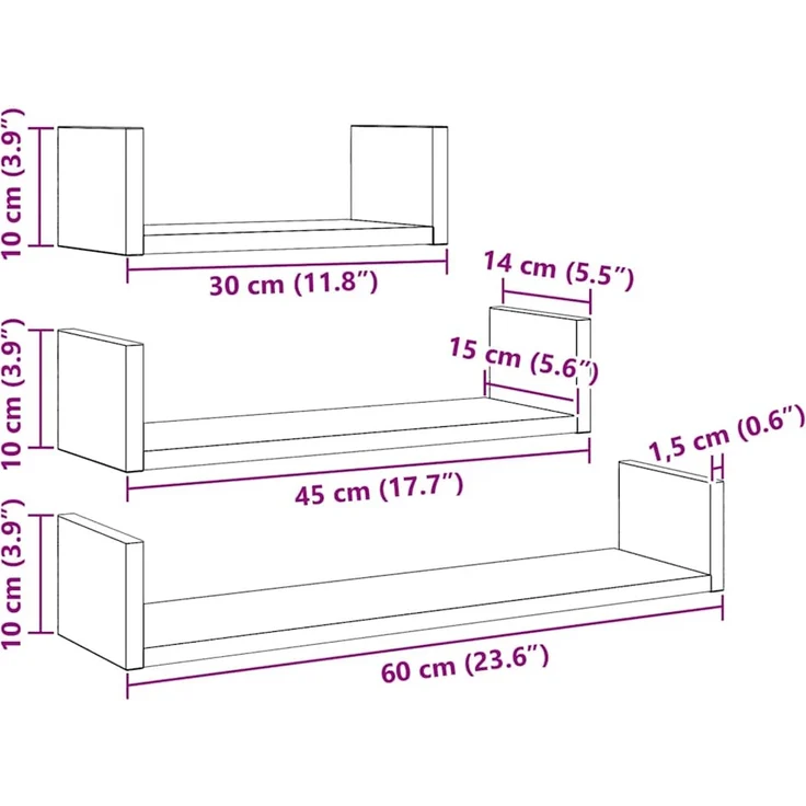 vidaXL Wandregale 3 Stk. Schwarz Eichen-Optik Holzwerkstoff 862405 – Bild 10