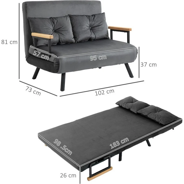 HOMCOM Schlafsofa Polstersofa mit Verstellbarer Rückenlehne, Zweisitzer, Relaxsessel 1 Teile, für Wohnzimmer, Dunkelgrau – Bild 2
