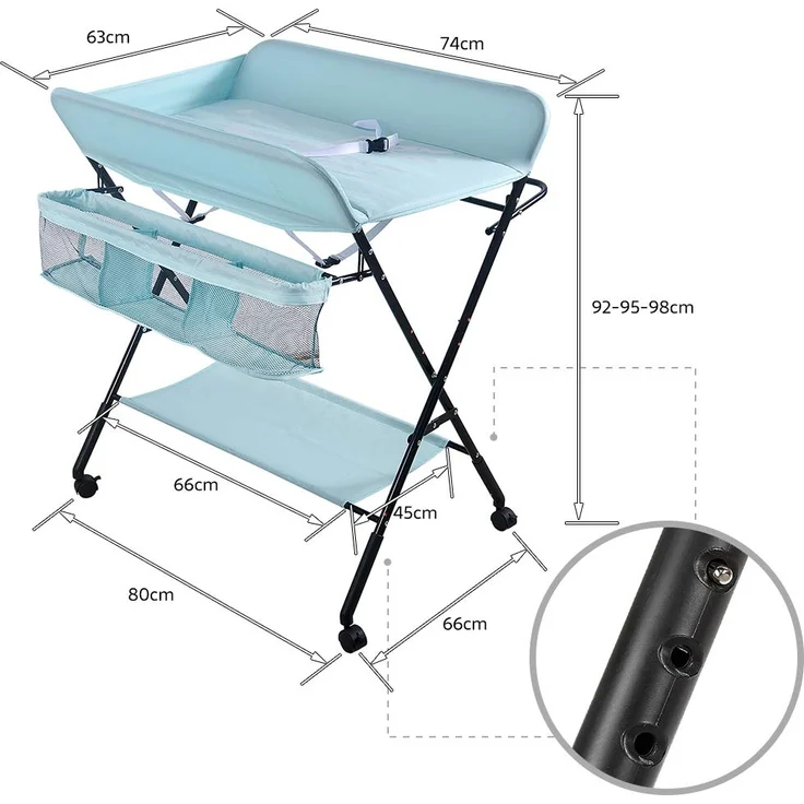 Faltbare Baby Wickelunterlage mit stabiler Struktur, Wickeltisch für Kinder, platzsparender Wickeltisch für Windelwechsel, 4 Rollen mit Bremse, mit Staufächern (80 x 66 x 98 cm) – Bild 6