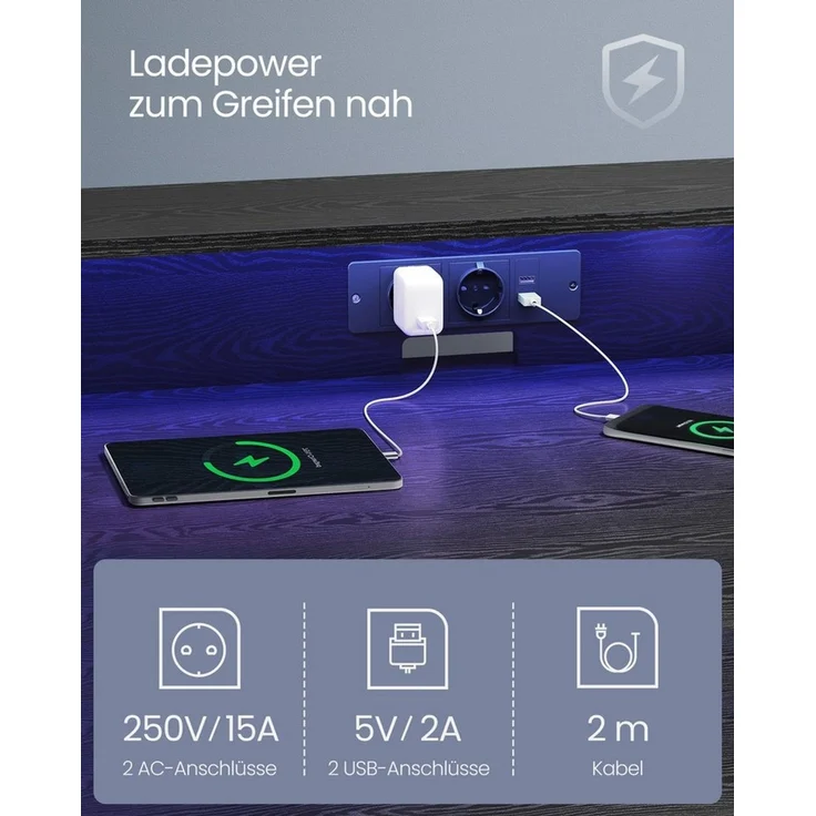 Vasagle Schreibtisch, Gaming Tisch mit eingebauter Steckdosenleiste, Computertisch, mit Monitorständer für 2 Monitore, Schlafzimmer, 55 x 135 x 76 cm, ebenholzschwarz LWD117B01 – Bild 2