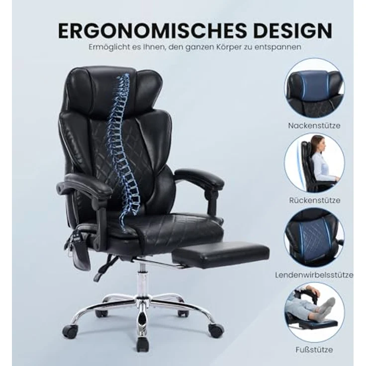 COLAMY Bürostuhl Ergonomisch mit Massagefunktion, Ergonomischer Schreibtischstuhl mit Heizfunktion, Chefsessel mit Fußstütze, 360° Drehstuhl, 94-125° Verstellbarer Rückenlehne, für Office, Schwarz – Bild 7