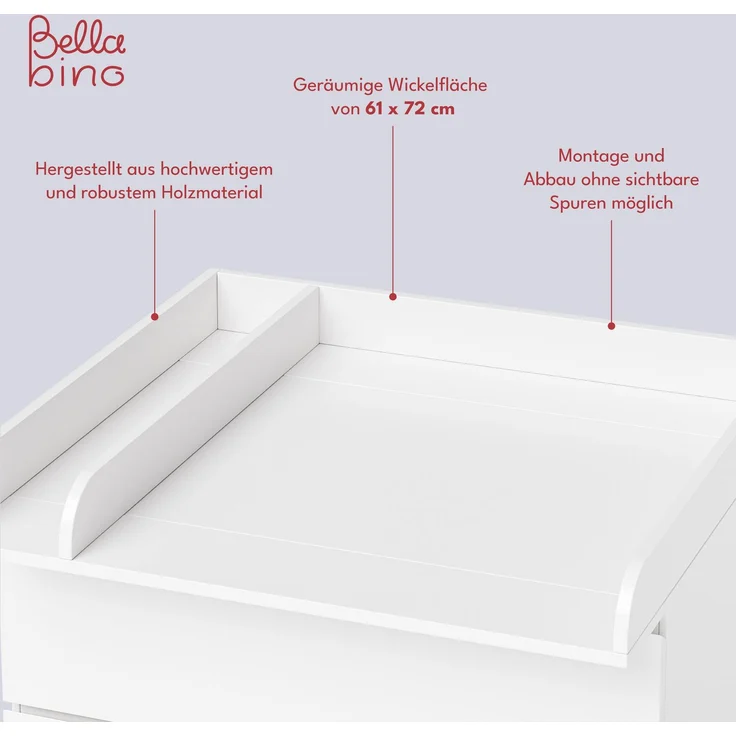 Bellabino 'Oti' Wickelaufsatz für IKEA Kommoden (Malm, Hemnes, Nordli), weiß, mit Trennfach (beidseitig montierbar), 10 x 74 x 80 cm – Bild 4