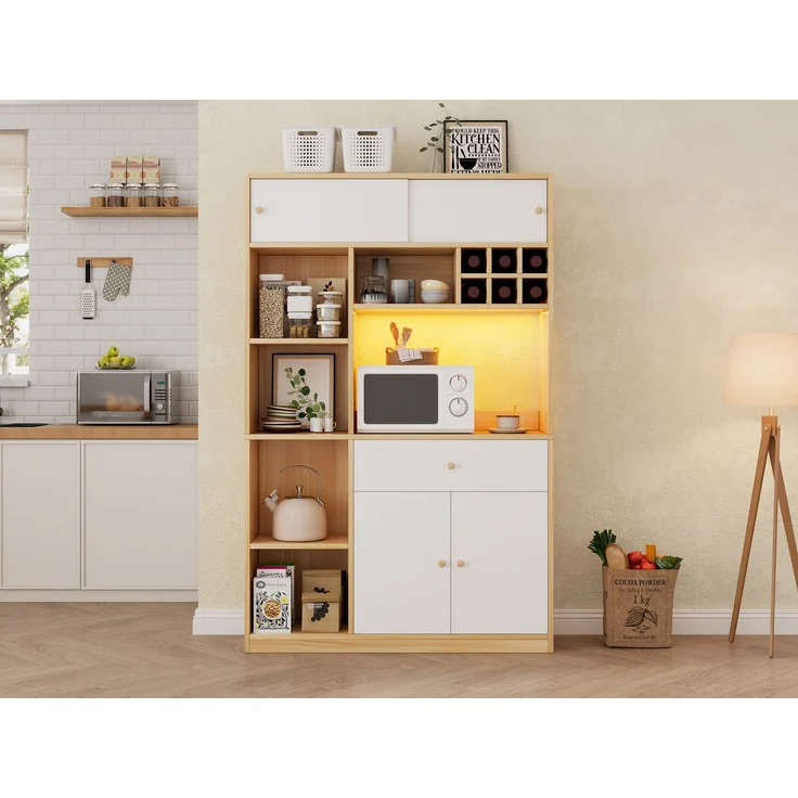 ZUBALIYA Buffetschrank 115x35x180 cm, mit LED-Beleuchtung, aus Spanplatte, Weiß / Natur – Bild 12