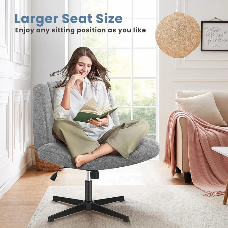 DUMOS Cross Legged Bürostuhl, Armloser Breiter Schreibtischstuhl Keine Räder, Moderner Home Office Schreibtisch Stuhl Swivel Verstellbarer Stoff Eitelkeit Stuhl – Bild 3