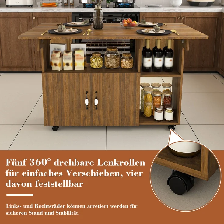 Flieks Mobile Kücheninsel 110x70x80 cm, klappbarer Küchentisch mit Rollen, Ablageböden & Stauraum, Esstisch und Sideboard, Braun – Bild 6