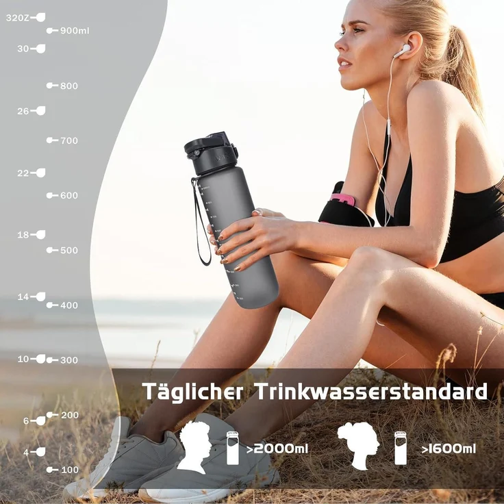 AOPREL Trinkflasche 1l BPA-Frei Tritan Sport Kohlensäure geeignet Grau – Bild 6