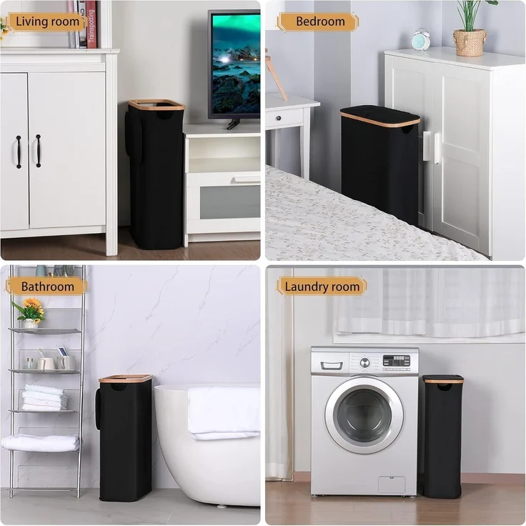 Wäschekorb mit Deckel 60L Bambus Wäschesammler Schmal Schwarz – Bild 6
