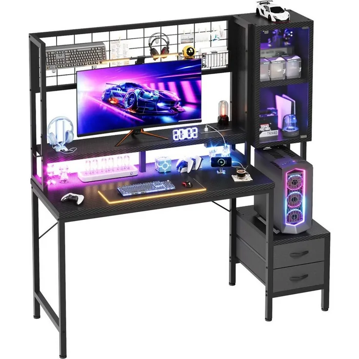 GUNJI Eckschreibtisch 100/120L Form mit Ablagefächern, 2 Tier DIY Lagerregalen Computertisch (mit Monitorstander & Vitrine, mit 2 Schubladen, Ergonomischer Computertisch mit Stromleiste, 120/14ocm Schreibtisch fur Gaming & Homeofice,Schwarz), Schreibti...