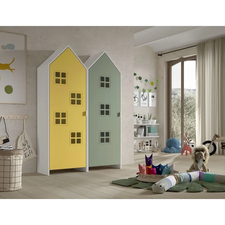 Kleiderschrank >CASAMI BRUGES< in Korpus Weiß / Front Gelb u. Grün, MDF