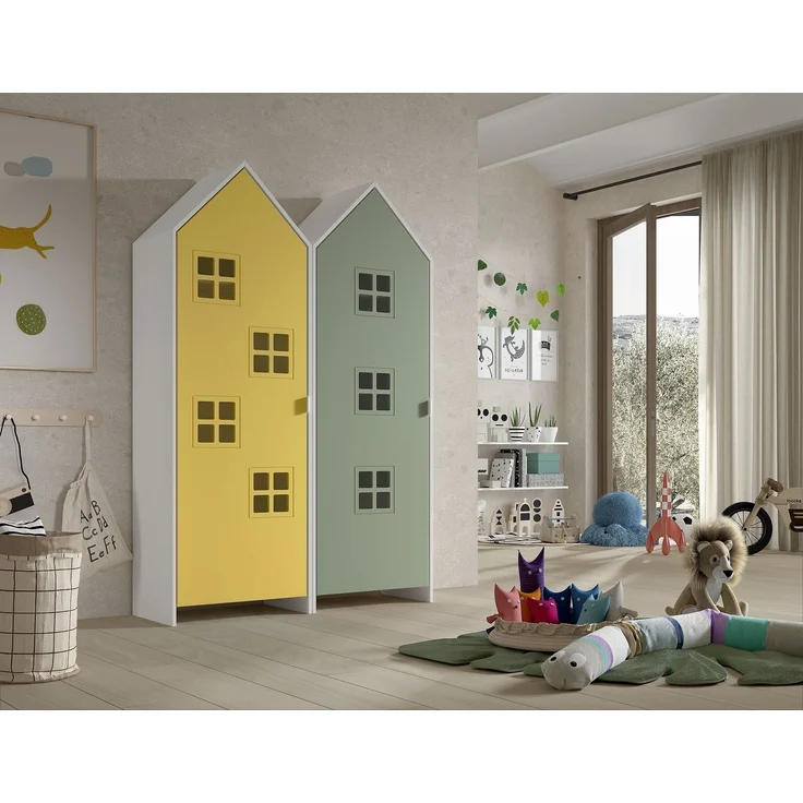 Kleiderschrank >CASAMI BRUGES< in Korpus Weiß / Front Gelb u. Grün, MDF – Bild 1