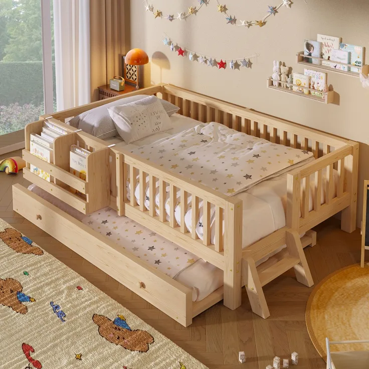 ZUBALIYA Holzbett 90 x 200 cm – Ausziehbett, flexible Montage, Geländer, MDF, Kiefer, Holzfarbe