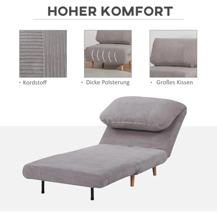 HOMCOM Sessel 2-IN-1 Schlafsessel Gästebett, verstellbare Kopfstütze Cord-Optik (Set, 1-St, 1 x Schlafsofa), mehrfach verstellbar – Bild 7
