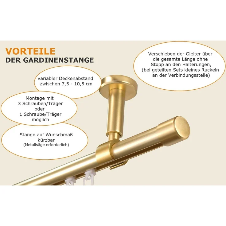 iso-design Gardinenstange Innenlauf zur Deckenmontage 20 mm Durchmesser variabler Deckenabstand, Ø 20 mm, Deckenmontage, geschraubt, Aluminium, Komplett Set 1-läufig, Deckenmontage – Bild 2