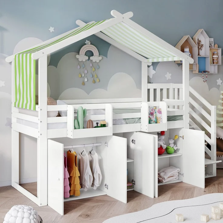 Hochbett mit Lattenrost, Kleiderschrank, Regal und Treppe, 90x200 cm, Hausbett, Kinderbett mit Rausfallschutz, Kiefer – Bild 2