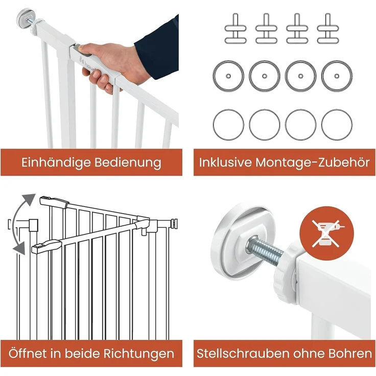 Hauck Treppenschutzgitter Türschutzgitter Open N Stop 2 inkl. 21 cm Verlängerung für Breiten 96-101 cm, ohne Bohren, Einhändiges Beidseitiges Öffnen, Manueller Schließmechanismus, Metall (White) – Bild 4